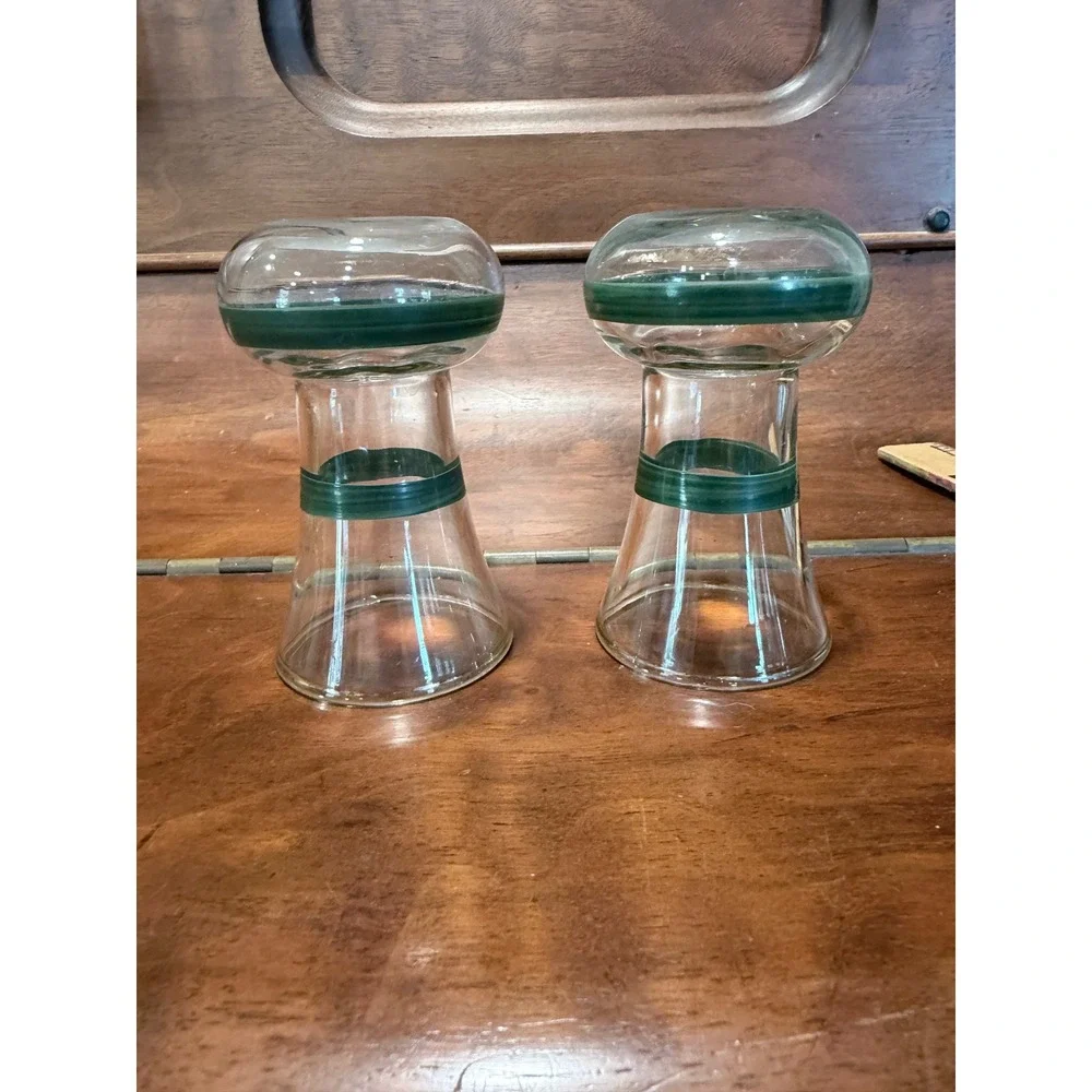 Vintage Hand Blown Glass Bud Vases Pair Green Banded Clear Hourglass 4 Inch